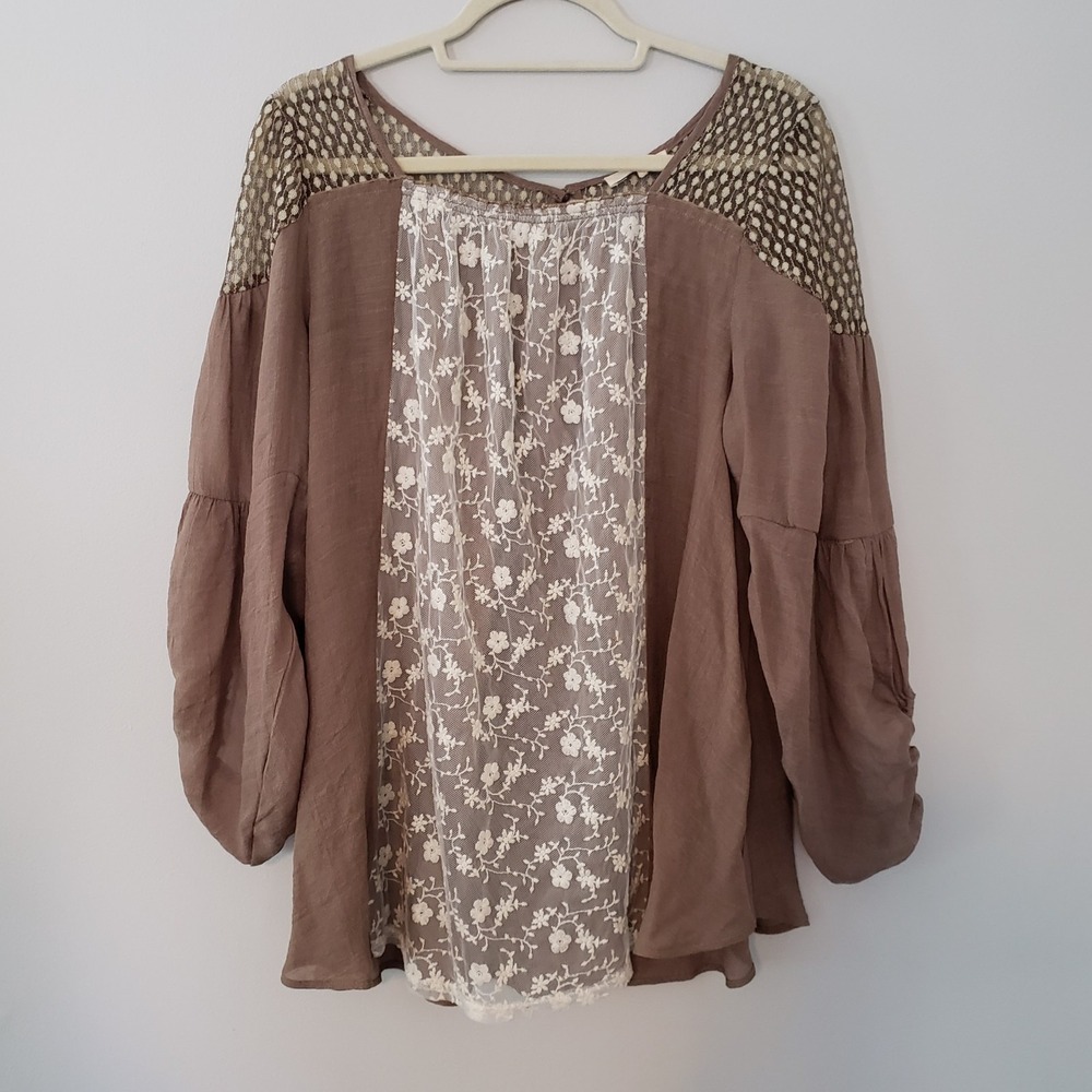 Ryu Anthropologie Flowy‎ Boho Top LARGE Peasant Lightweight Balloon Sleeve Brown